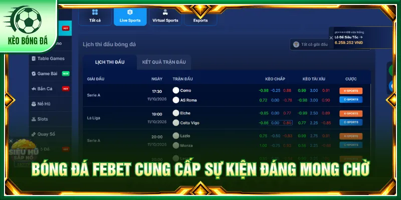 Danh mục bóng đá FEBET với đa dạng sự kiện mỗi ngày